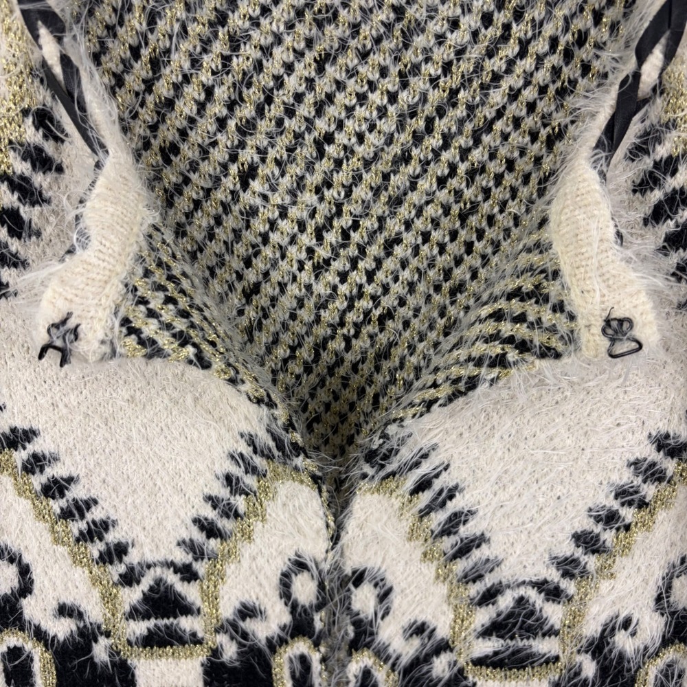 Alberto Makali XL Fuzzy Metallic Geometric Diamond Knit Cardigan Cream Statement - Picture 10 of 13